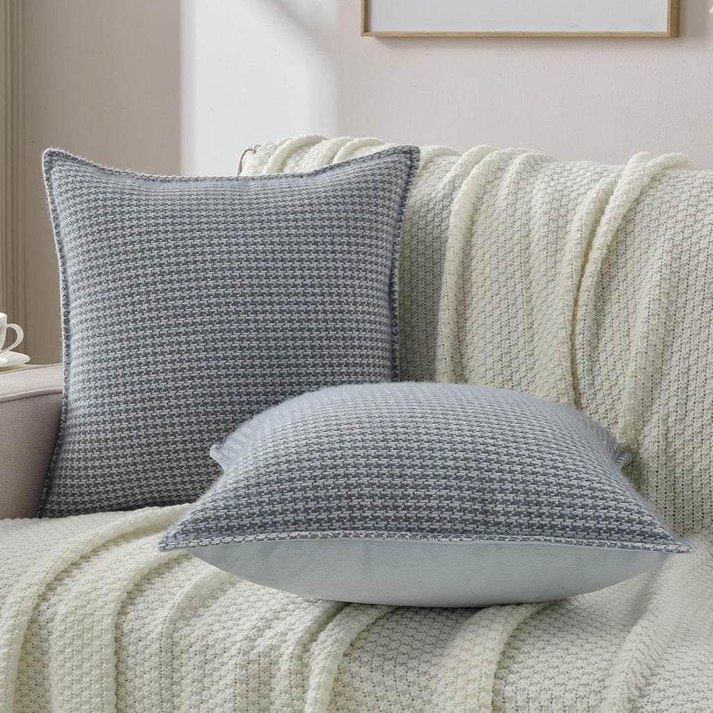 FUTEI Pack of 2 Houndstooth Throw Pillow Covers 26x26 Inch Soft Chenille Gingham Textured Farmhouse Decorative Euro Pillow Shams Modern Home Decor for Couch Bedroom Living Room, Grayish Blue