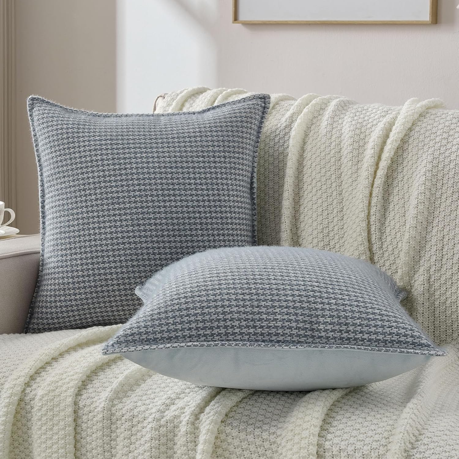 FUTEI Pack of 2 Houndstooth Throw Pillow Covers 26x26 Inch Soft Chenille Gingham Textured Farmhouse Decorative Euro Pillow Shams Modern Home Decor for Couch Bedroom Living Room, Grayish Blue