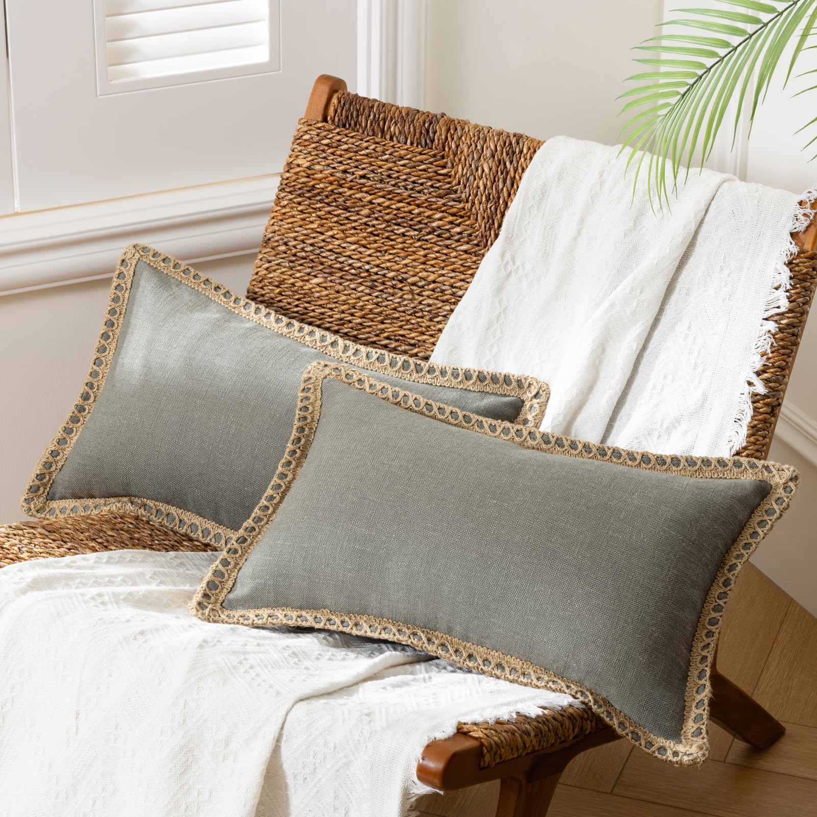 Phantoscope Pack of 2 Farmhouse Decorative Solid Pillow Cover Burlap Linen Trimmed Tailored Edges, Black, 24 x 24 inches, 60 x 60 cm