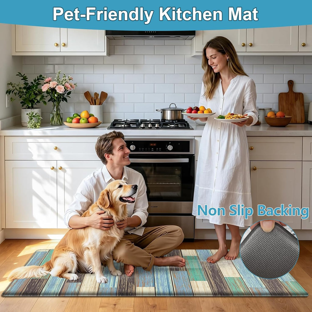 Teal Geometric Memory Foam Anti Fatigue Kitchen Runner Rug