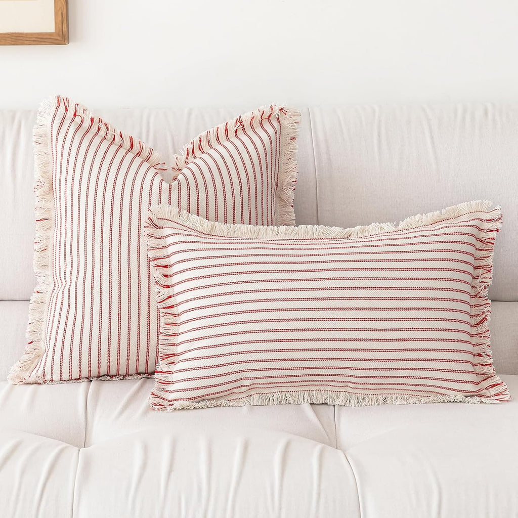 Red Fringe Striped Pillow Covers Set