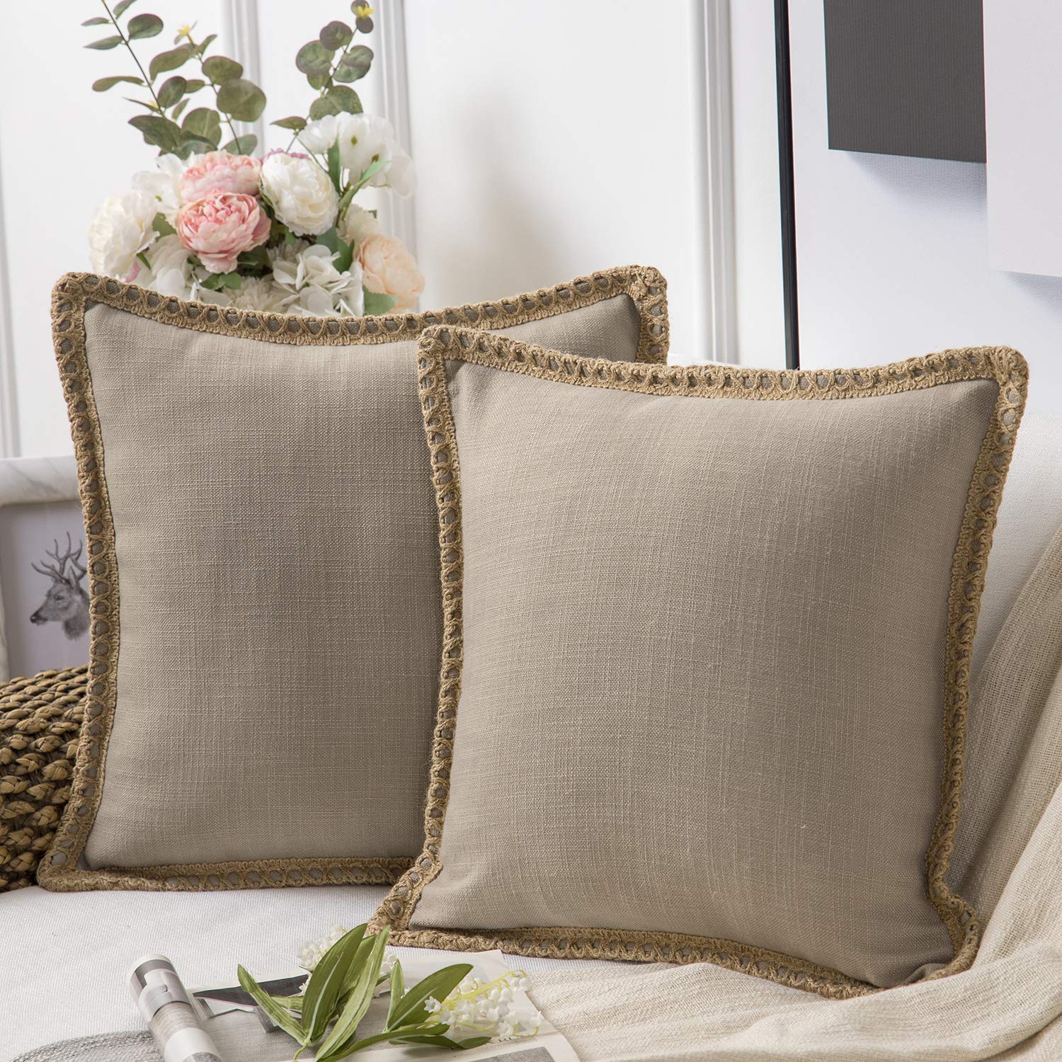 Phantoscope Pack of 2 Farmhouse Decorative Solid Pillow Cover Burlap Linen Trimmed Tailored Edges, Black, 24 x 24 inches, 60 x 60 cm
