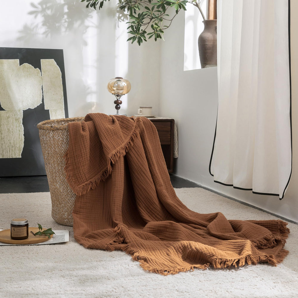 Beige Gray Fringe Cotton Muslin Blanket