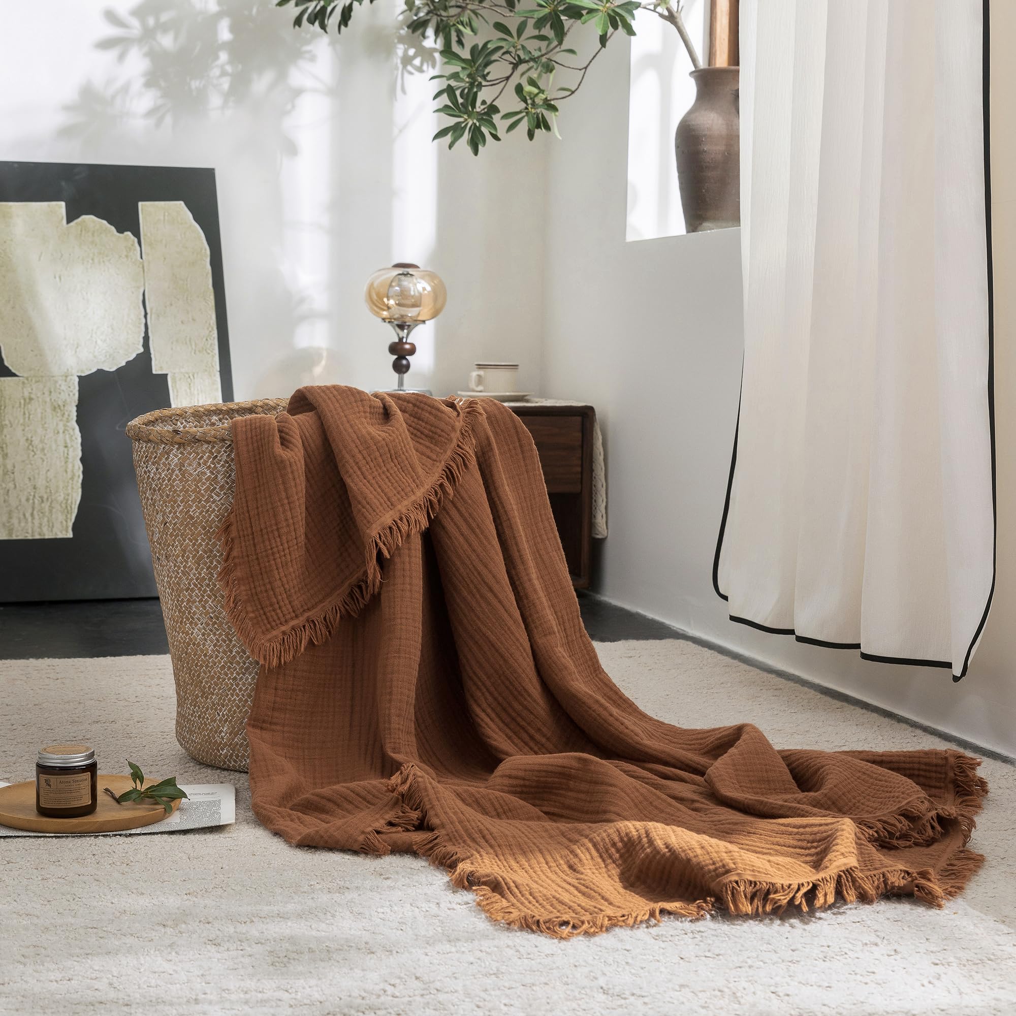 Beige Gray Fringe Cotton Muslin Blanket