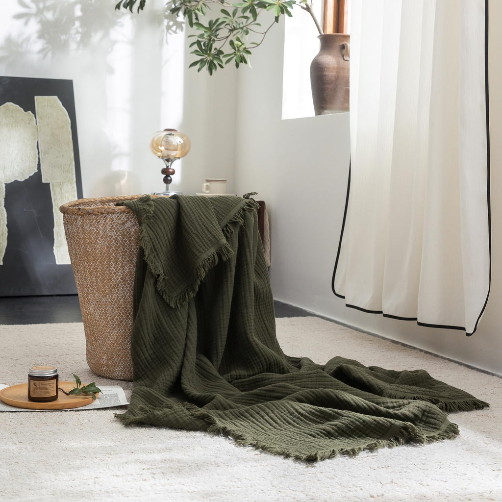 Beige Gray Fringe Cotton Muslin Blanket