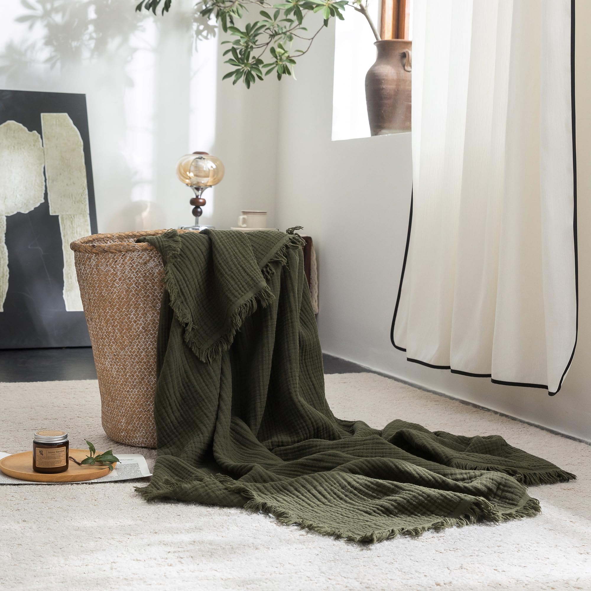 Beige Gray Fringe Cotton Muslin Blanket