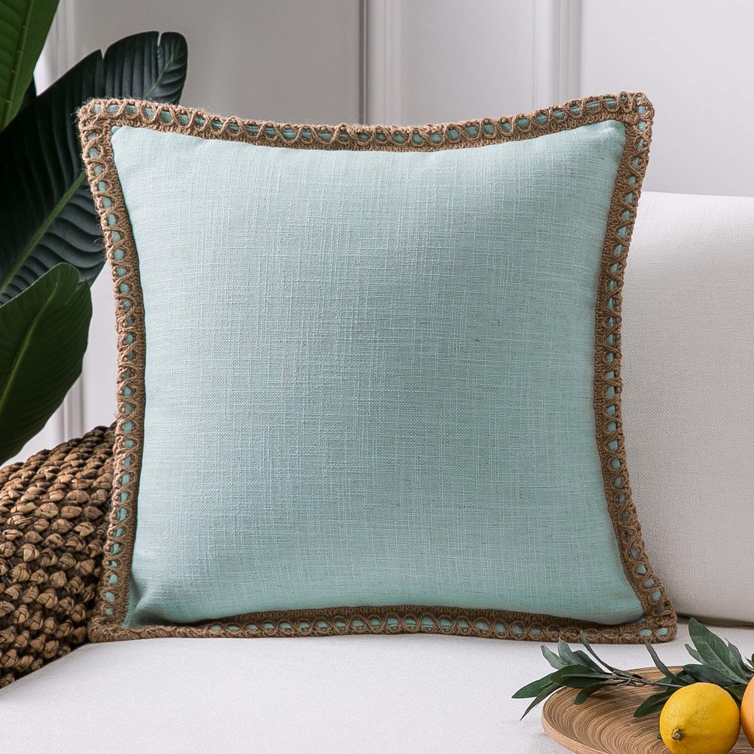 Phantoscope Pack of 2 Farmhouse Decorative Solid Pillow Cover Burlap Linen Trimmed Tailored Edges, Black, 24 x 24 inches, 60 x 60 cm
