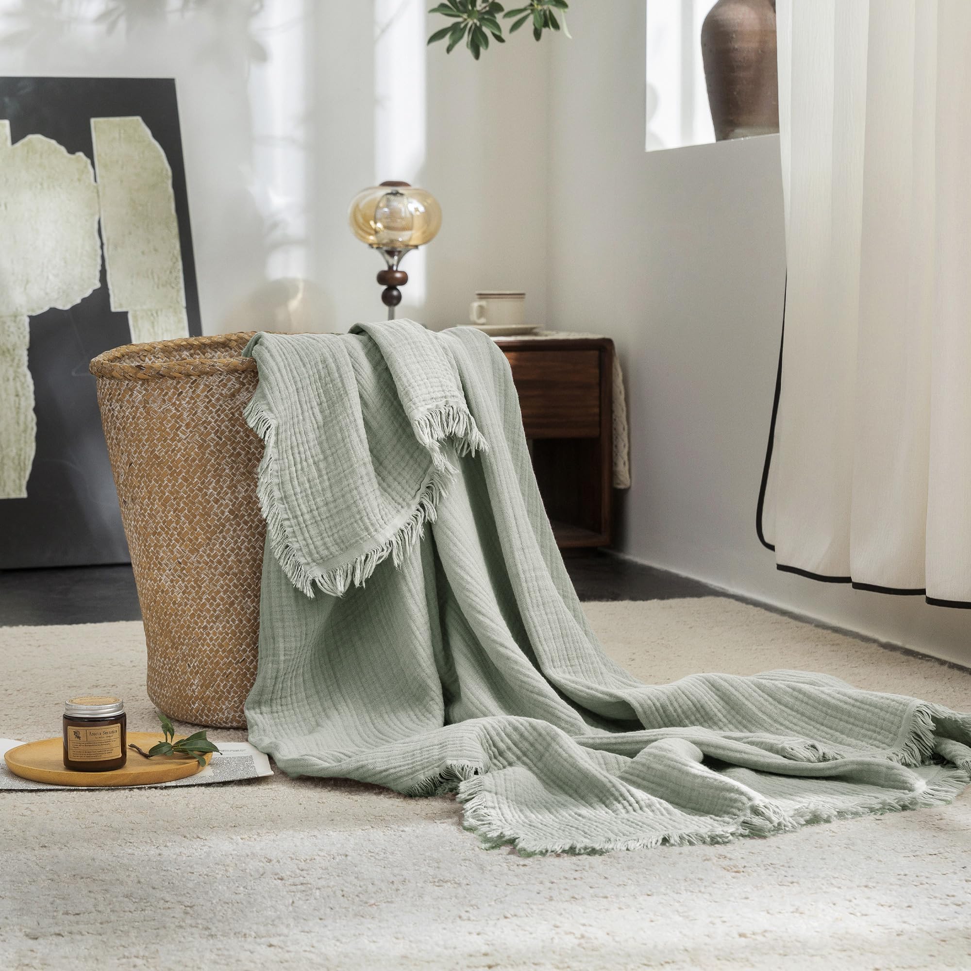 Beige Gray Fringe Cotton Muslin Blanket