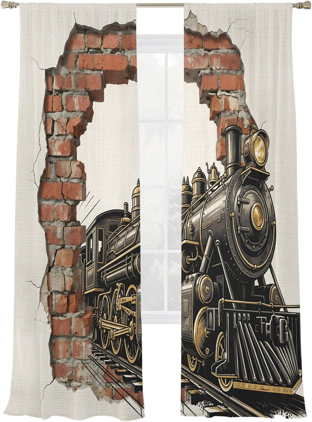 Vintage Steam Train Semi Sheer Curtains 96 inch length 2 panels set Cracked Brick Wall Rustic Industrial Kitchen Curtains Rod Pocket Sheer Drapes for Bedroom Living Room, Voile Window Treatment