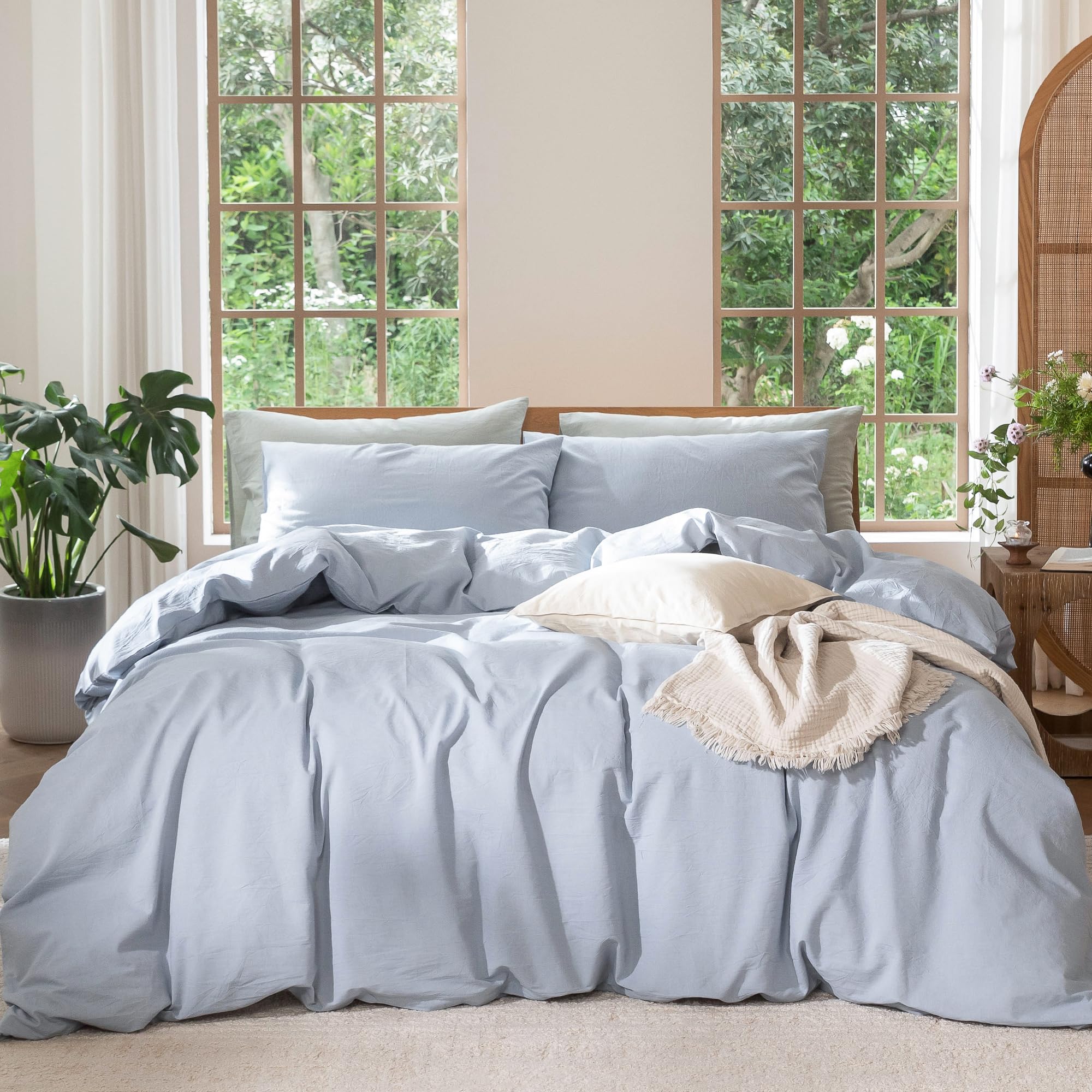 MooMee Bedding Duvet Cover Set 100% Washed Cotton Linen Like Textured Breathable Durable Soft Comfy (Solid Off White, Palatial King/Oversized King 120"x98")