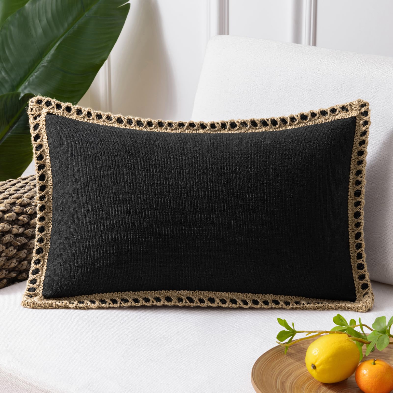Phantoscope Pack of 2 Farmhouse Decorative Solid Pillow Cover Burlap Linen Trimmed Tailored Edges, Black, 24 x 24 inches, 60 x 60 cm
