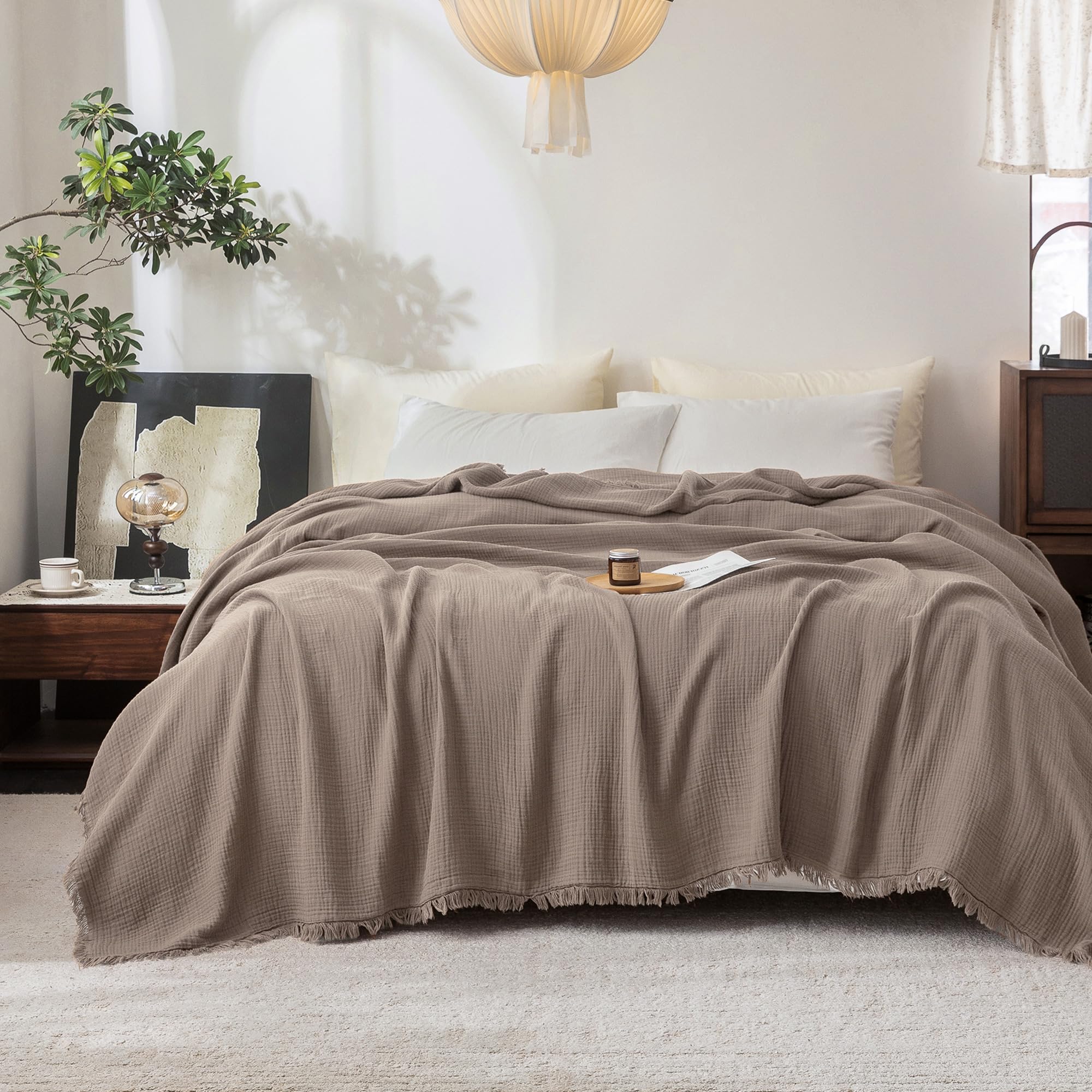 Beige Gray Fringe Cotton Muslin Blanket