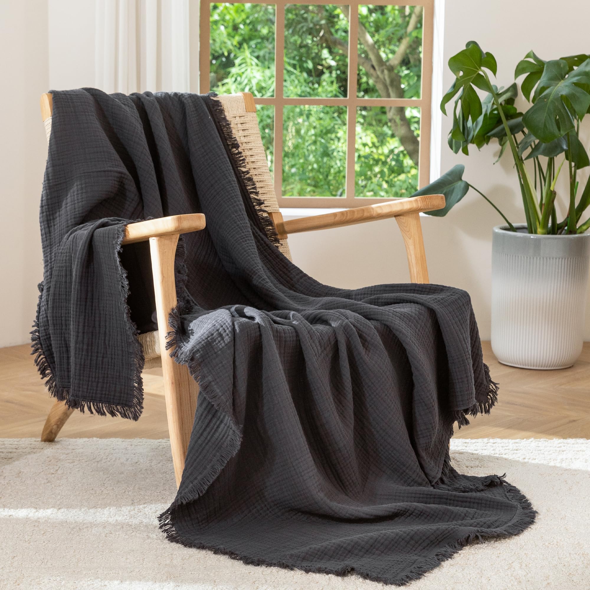MooMee Muslin Blanket - 100% Cotton 4-Layer Gauze Throw Blanket with All-Around Fringe, Soft Breathable Lightweight Cooling Summer Blankets for Bed Couch (Cream Grey,Super King 108" x 98")
