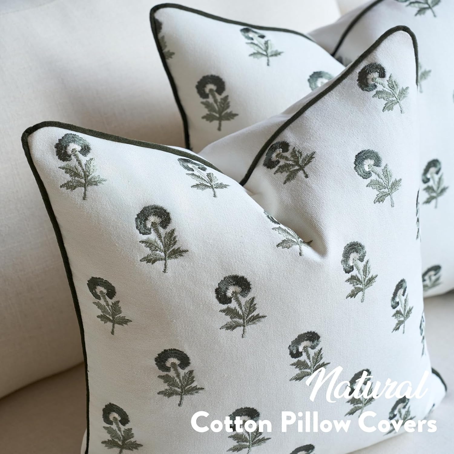 FIOUOVO Embroidered Floral Pillow Covers 24x 24 Set of 2 Cotton Farmhouse Throw Pillow Covers with Piping Edge Decorative Cushion Covers for Sofa Couch Bedroom Living Room, Olive Green