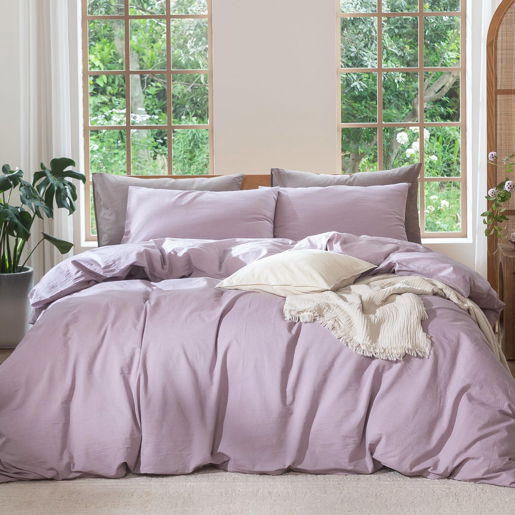 MooMee Bedding Duvet Cover Set 100% Washed Cotton Linen Like Textured Breathable Durable Soft Comfy (Solid Off White, Palatial King/Oversized King 120"x98")