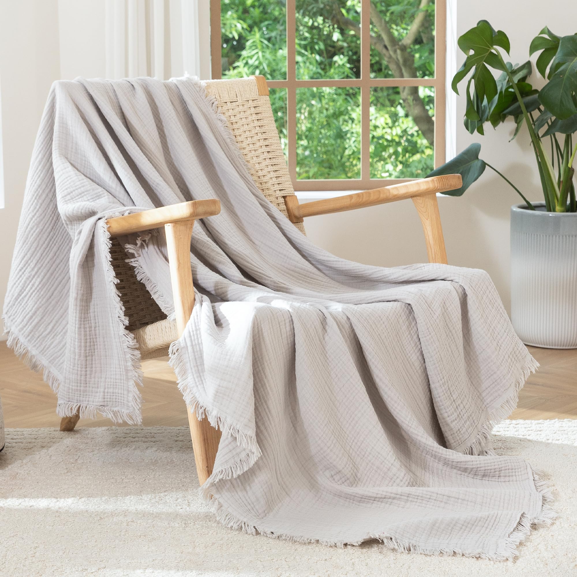 MooMee Muslin Blanket - 100% Cotton 4-Layer Gauze Throw Blanket with All-Around Fringe, Soft Breathable Lightweight Cooling Summer Blankets for Bed Couch (Cream Grey,Super King 108" x 98")
