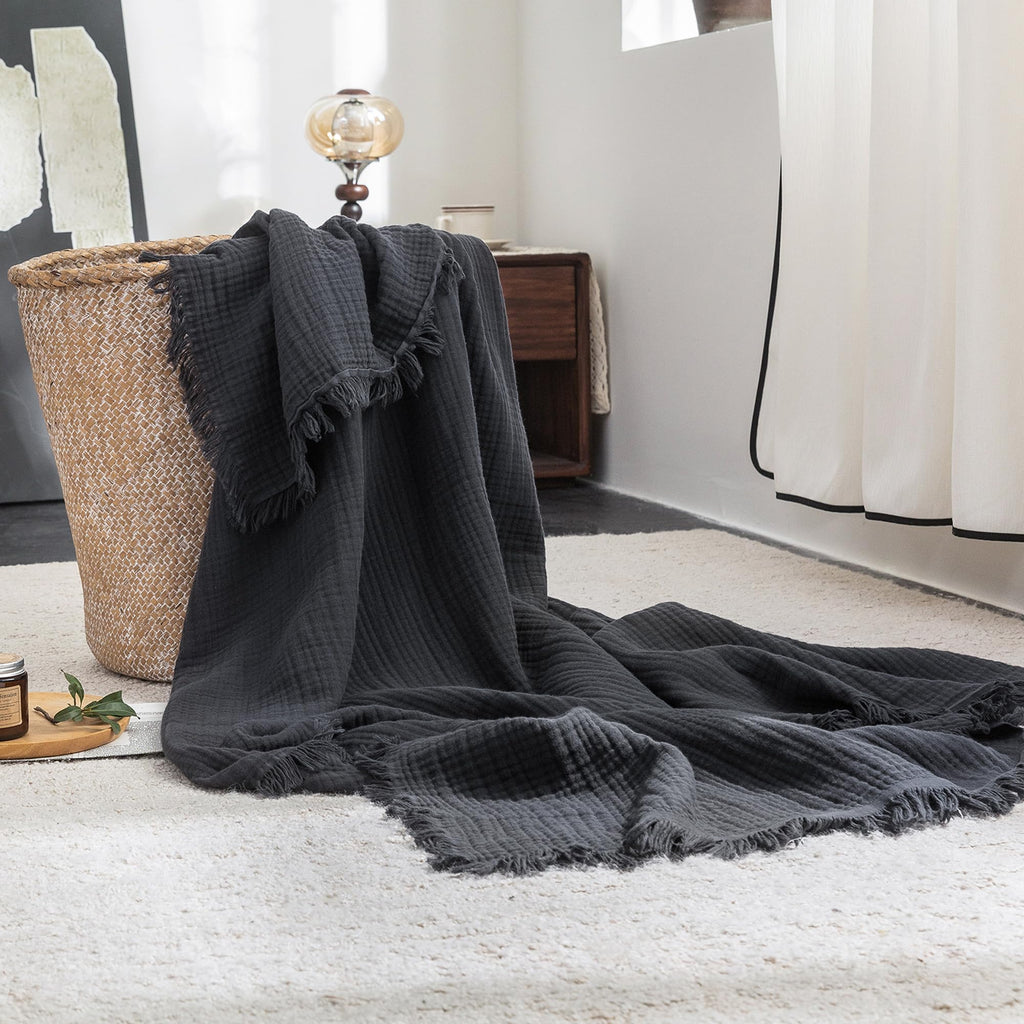 Beige Gray Fringe Cotton Muslin Blanket