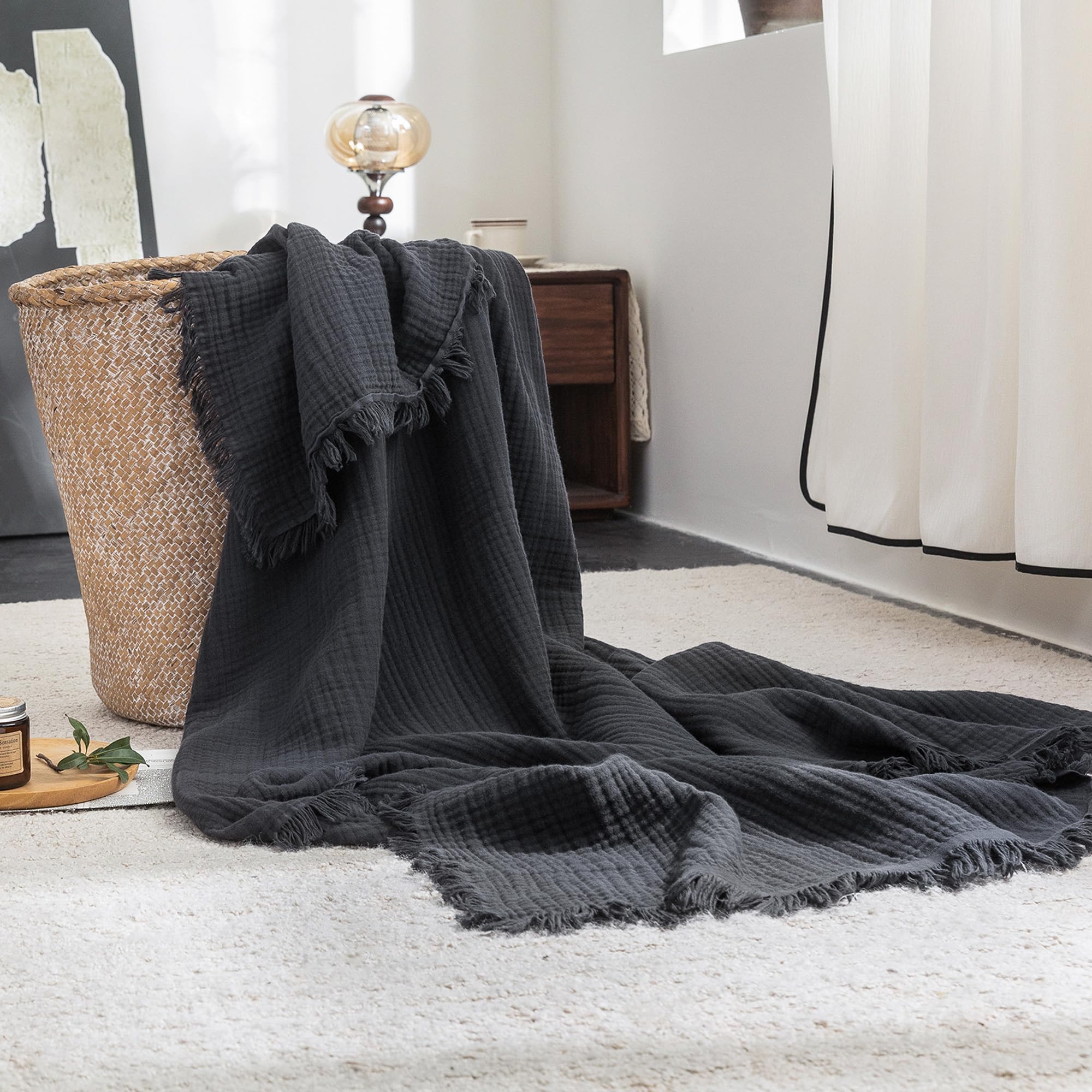 Beige Gray Fringe Cotton Muslin Blanket