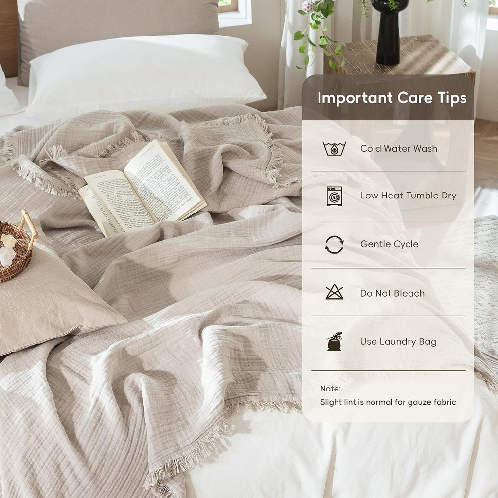 MooMee Muslin Blanket - 100% Cotton 4-Layer Gauze Throw Blanket with All-Around Fringe, Soft Breathable Lightweight Cooling Summer Blankets for Bed Couch (Cream Grey,Super King 108" x 98")