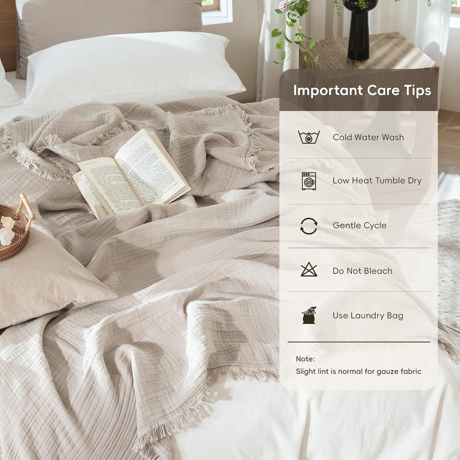 MooMee Muslin Blanket - 100% Cotton 4-Layer Gauze Throw Blanket with All-Around Fringe, Soft Breathable Lightweight Cooling Summer Blankets for Bed Couch (Cream Grey,Super King 108" x 98")
