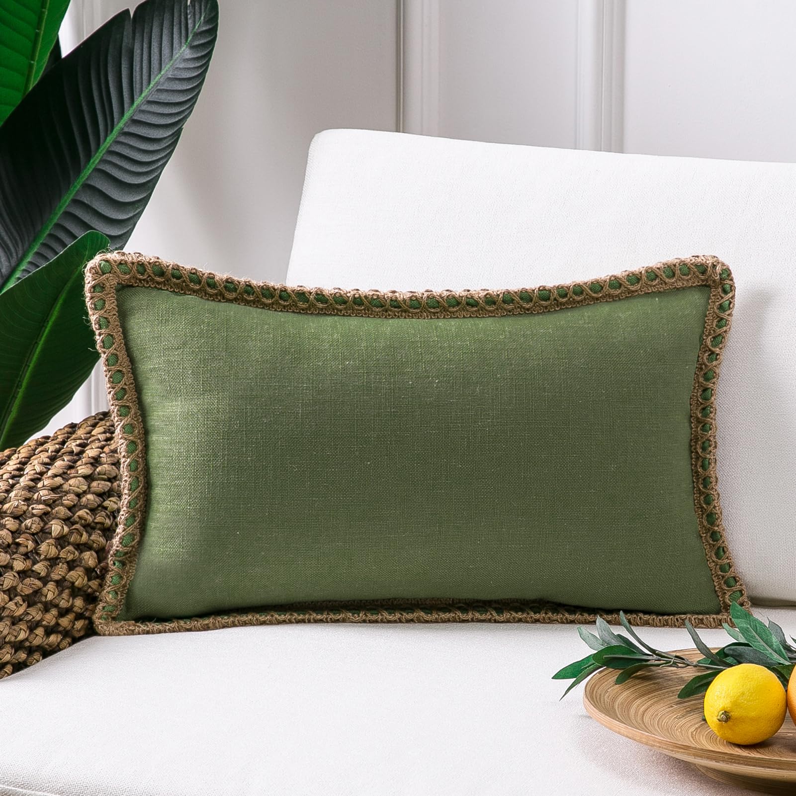Phantoscope Pack of 2 Farmhouse Decorative Solid Pillow Cover Burlap Linen Trimmed Tailored Edges, Black, 24 x 24 inches, 60 x 60 cm