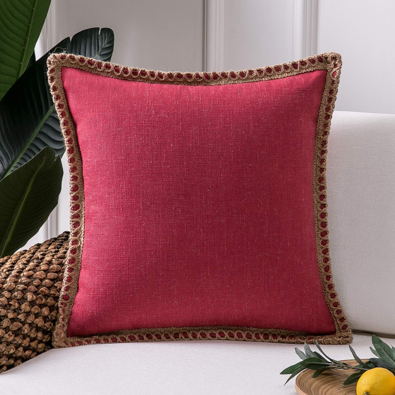 Phantoscope Pack of 2 Farmhouse Decorative Solid Pillow Cover Burlap Linen Trimmed Tailored Edges, Black, 24 x 24 inches, 60 x 60 cm