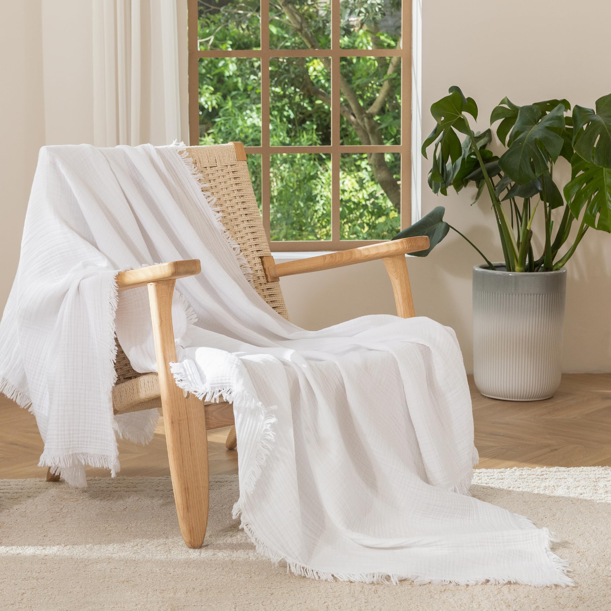 MooMee Muslin Blanket - 100% Cotton 4-Layer Gauze Throw Blanket with All-Around Fringe, Soft Breathable Lightweight Cooling Summer Blankets for Bed Couch (Cream Grey,Super King 108" x 98")