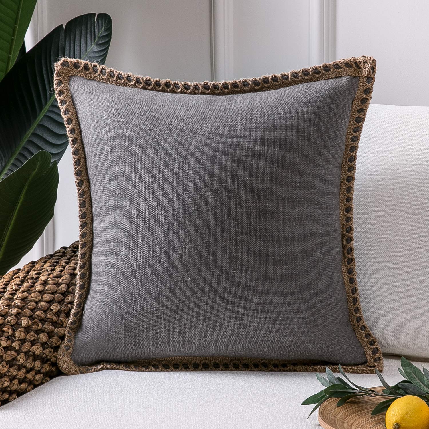 Phantoscope Pack of 2 Farmhouse Decorative Solid Pillow Cover Burlap Linen Trimmed Tailored Edges, Black, 24 x 24 inches, 60 x 60 cm