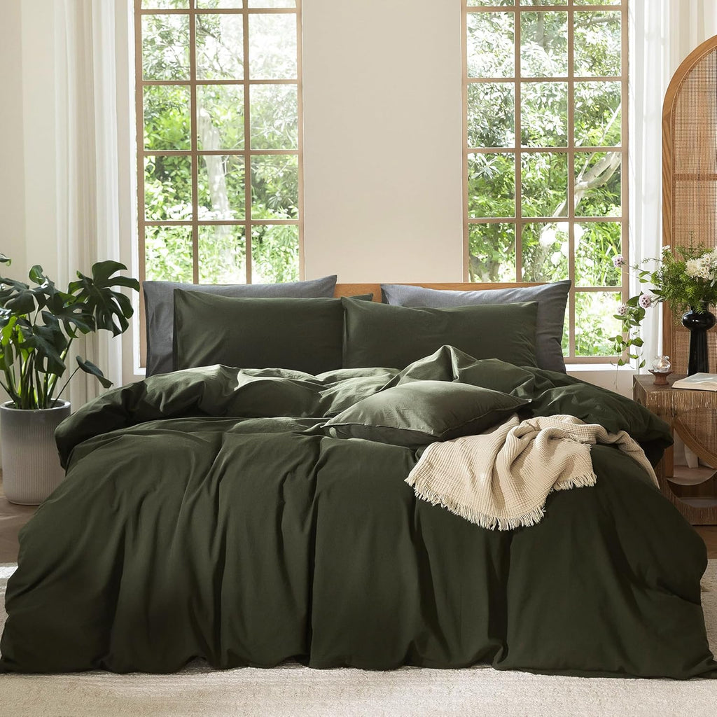 MooMee Bedding Duvet Cover Set 100% Washed Cotton Linen Like Textured Breathable Durable Soft Comfy (Solid Off White, Palatial King/Oversized King 120"x98")