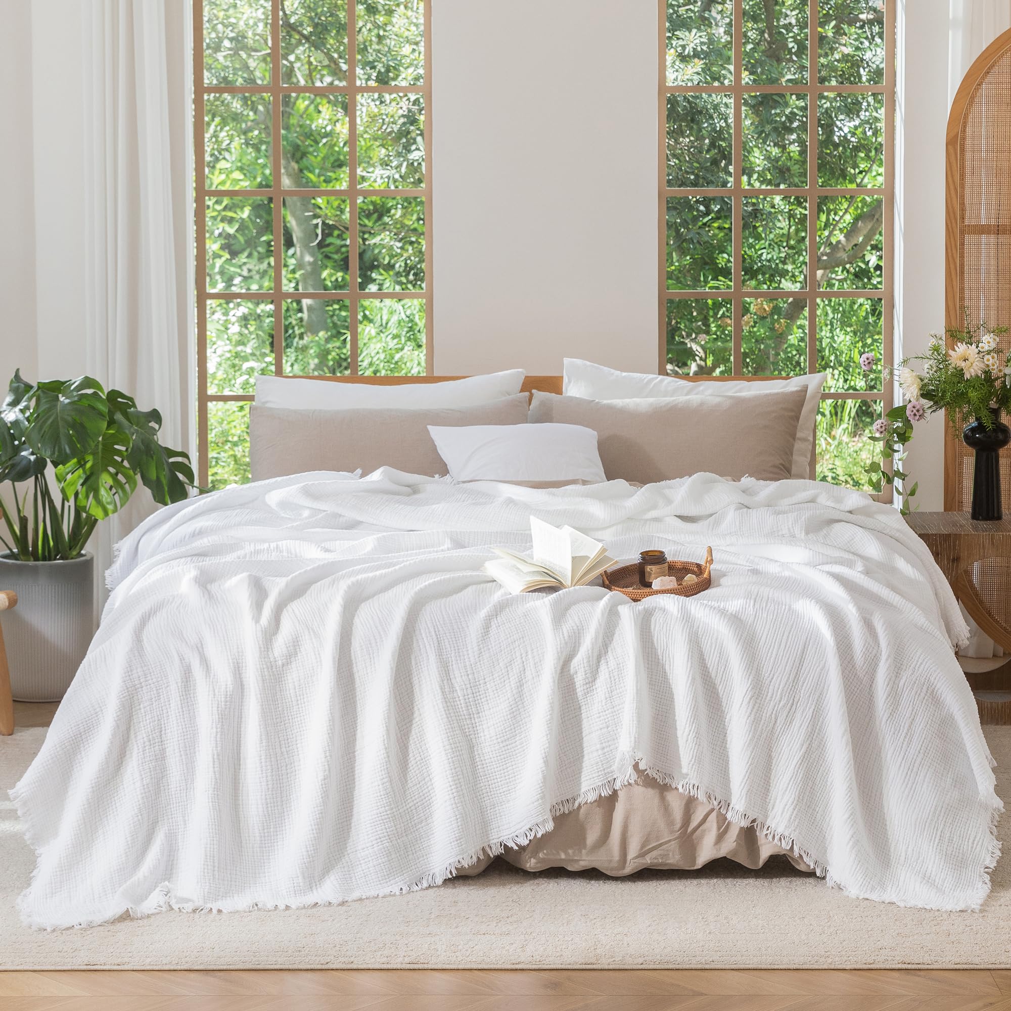 MooMee Muslin Blanket - 100% Cotton 4-Layer Gauze Throw Blanket with All-Around Fringe, Soft Breathable Lightweight Cooling Summer Blankets for Bed Couch (Cream Grey,Super King 108" x 98")