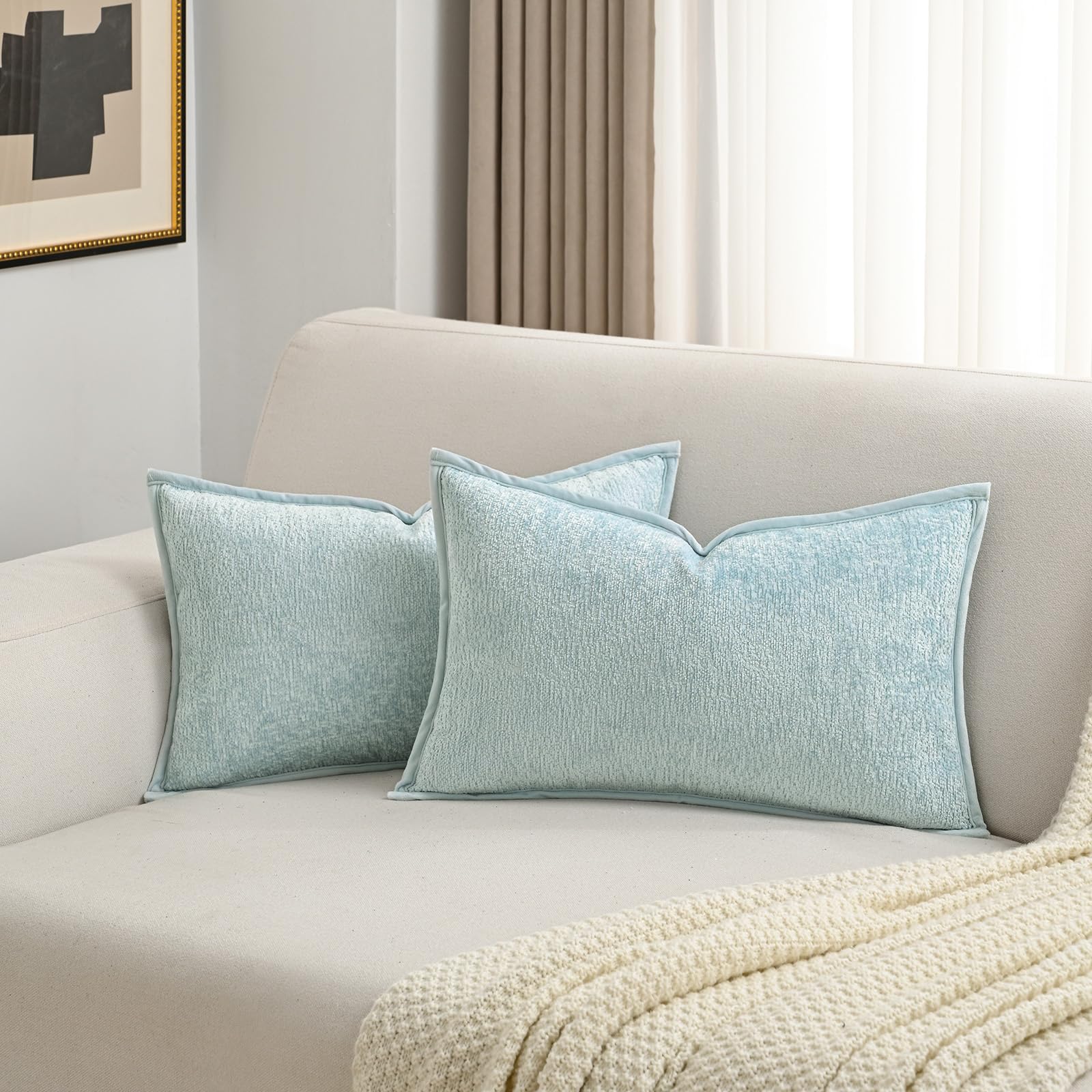 FUTEI Light Blue Chenille Throw Pillow Covers 26x26 Inch Set of 2,Soft Cozy Bound Edge Design Euro Pillow Sham,Home Decor for Couch Bed Living Room