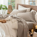 MooMee Bedding Sheet Set 100% Washed Cotton Linen Like Textured Breathable Durable Soft Comfy (Heathered Tannish Linen Grey, King)