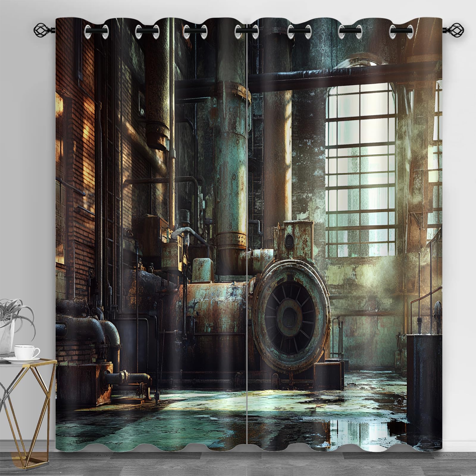 Machinery Window Treatments, Factory Blackout Curtains for Bedroom, Retro Industrial Style Grommet Window Curtain for Bedroom Living Room Patio, 42 x 96 Inch, 2 Panels