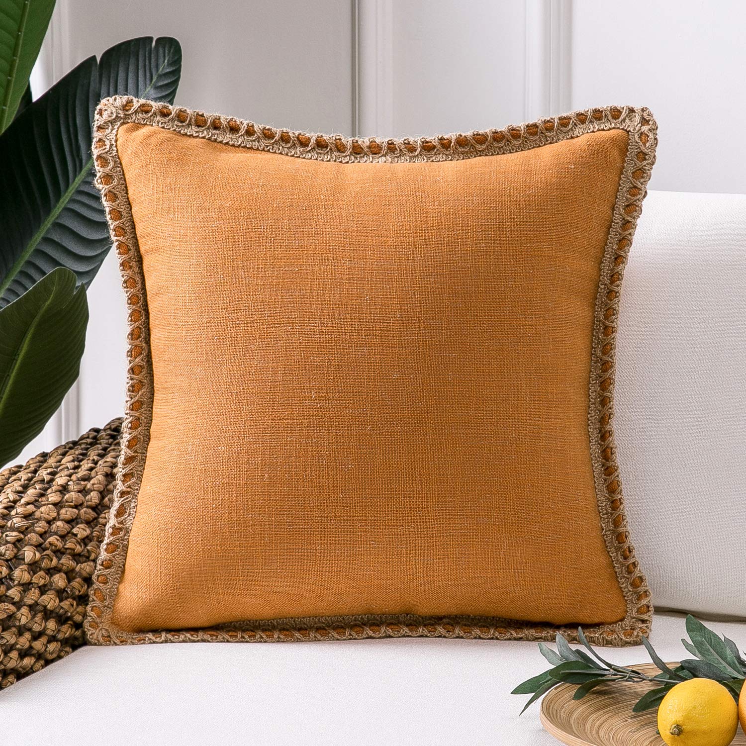 Phantoscope Pack of 2 Farmhouse Decorative Solid Pillow Cover Burlap Linen Trimmed Tailored Edges, Black, 24 x 24 inches, 60 x 60 cm