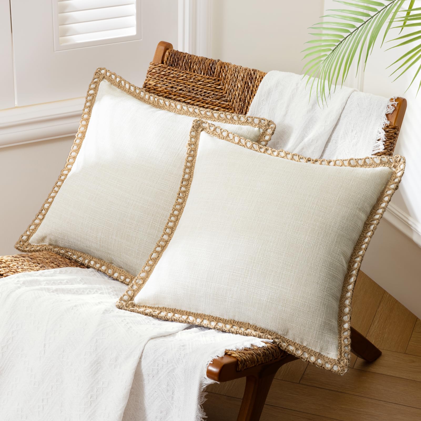 Phantoscope Pack of 2 Farmhouse Decorative Solid Pillow Cover Burlap Linen Trimmed Tailored Edges, Black, 24 x 24 inches, 60 x 60 cm