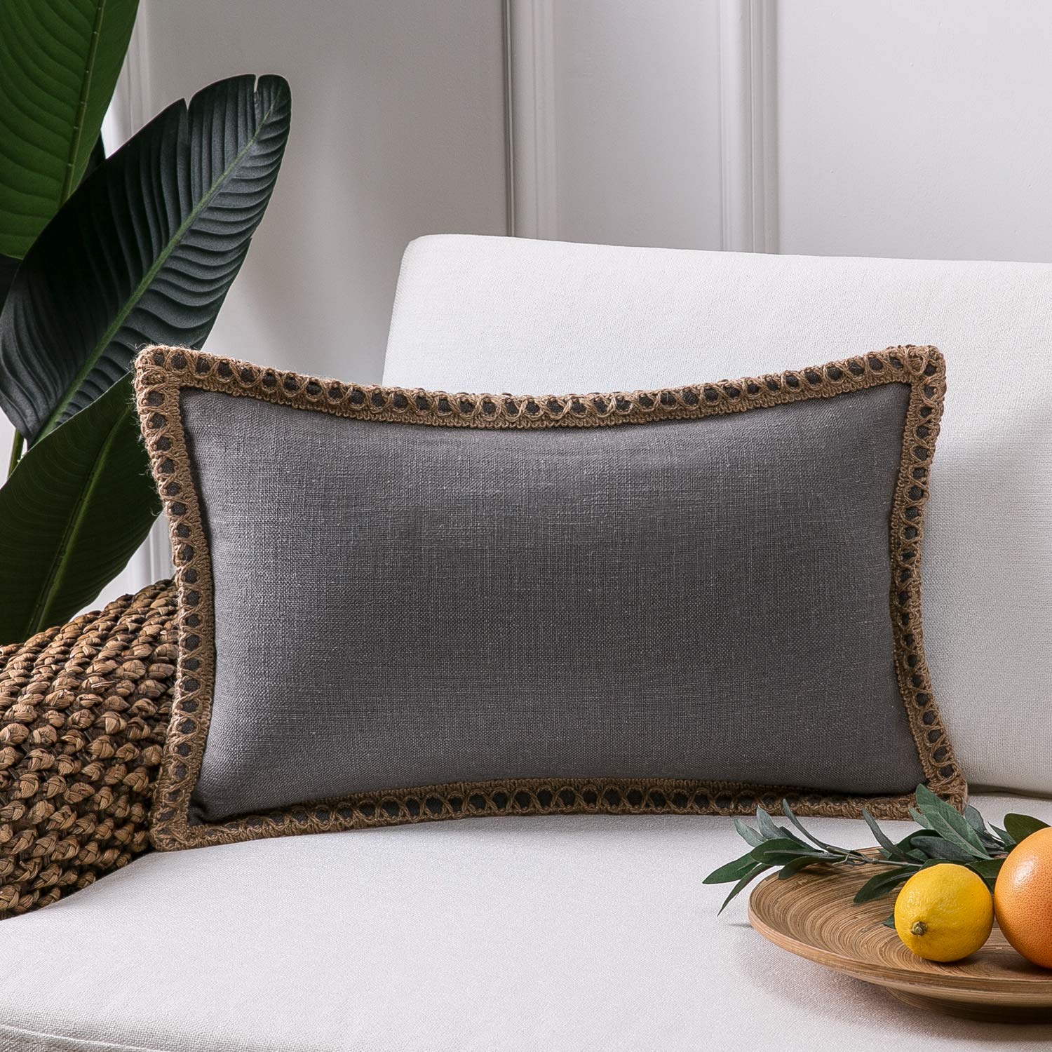 Phantoscope Pack of 2 Farmhouse Decorative Solid Pillow Cover Burlap Linen Trimmed Tailored Edges, Black, 24 x 24 inches, 60 x 60 cm
