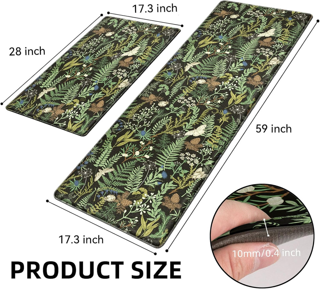 Black Green Botanical 2-Piece Anti Fatigue Kitchen Rug Set