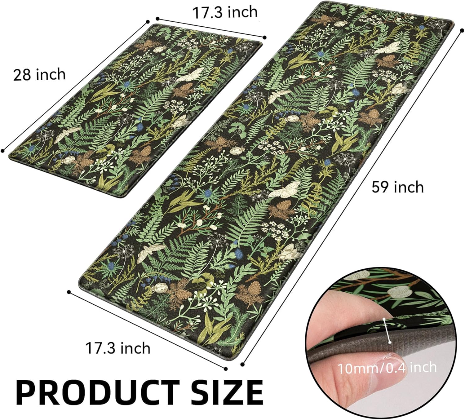 Black Green Botanical 2-Piece Anti Fatigue Kitchen Rug Set