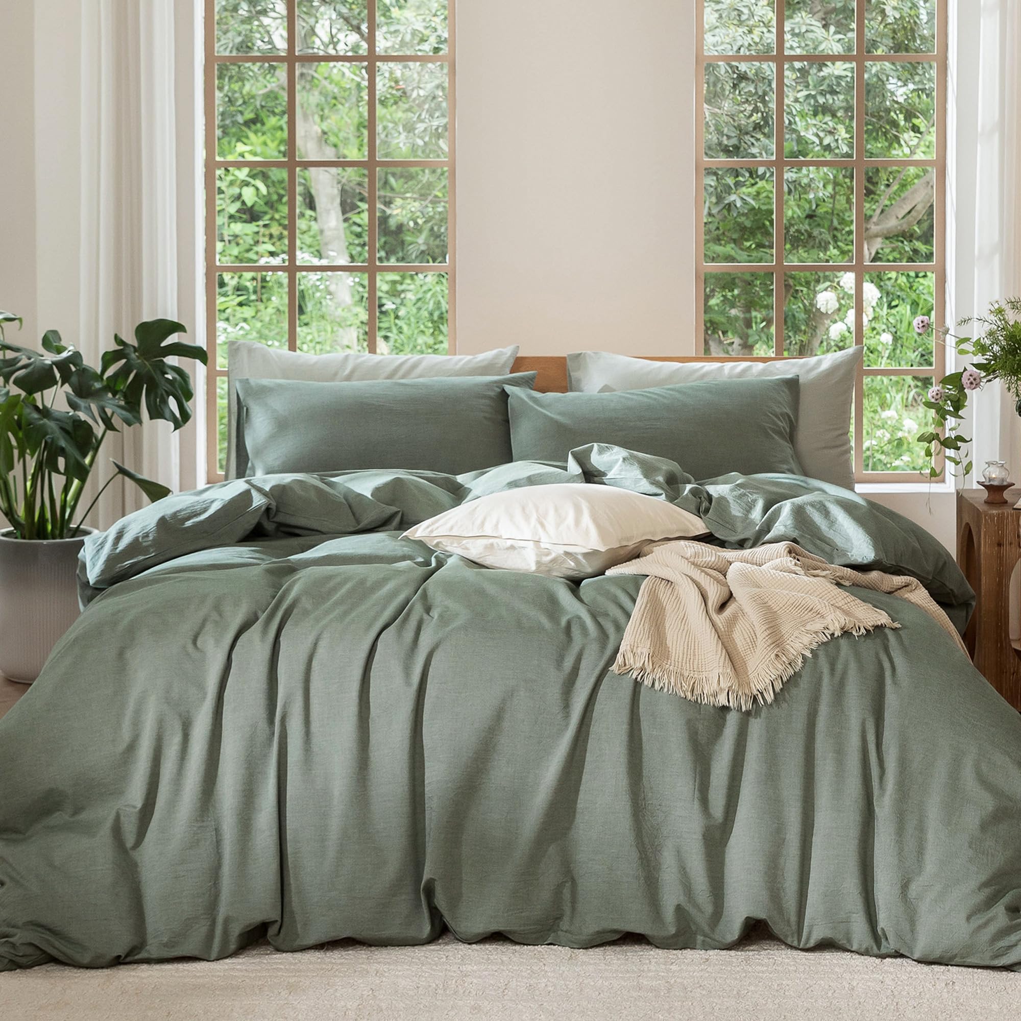 MooMee Bedding Duvet Cover Set 100% Washed Cotton Linen Like Textured Breathable Durable Soft Comfy (Solid Off White, Palatial King/Oversized King 120"x98")