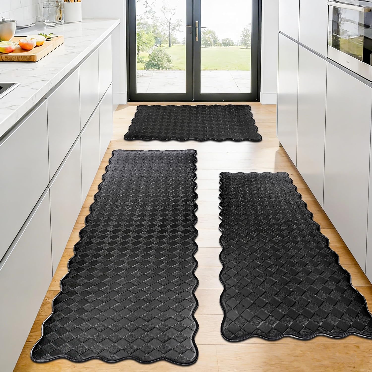 Black 3-Piece Anti Fatigue Kitchen Rug Set