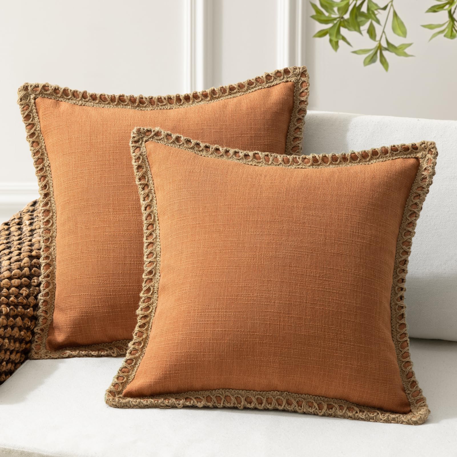 Phantoscope Pack of 2 Farmhouse Decorative Solid Pillow Cover Burlap Linen Trimmed Tailored Edges, Black, 24 x 24 inches, 60 x 60 cm