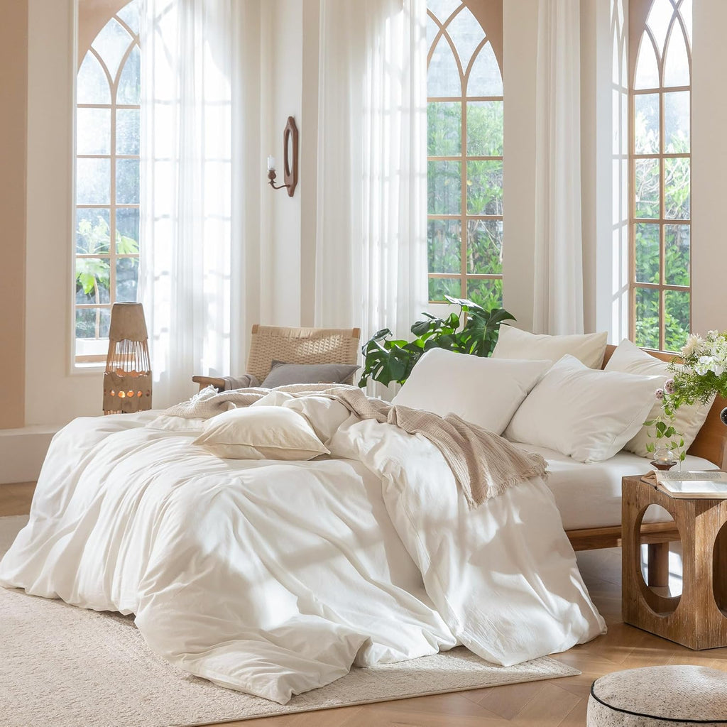 MooMee Bedding Duvet Cover Set 100% Washed Cotton Linen Like Textured Breathable Durable Soft Comfy (Solid Off White, Palatial King/Oversized King 120"x98")