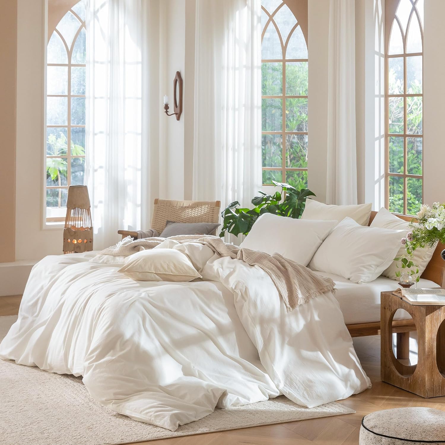 MooMee Bedding Duvet Cover Set 100% Washed Cotton Linen Like Textured Breathable Durable Soft Comfy (Solid Off White, Palatial King/Oversized King 120"x98")