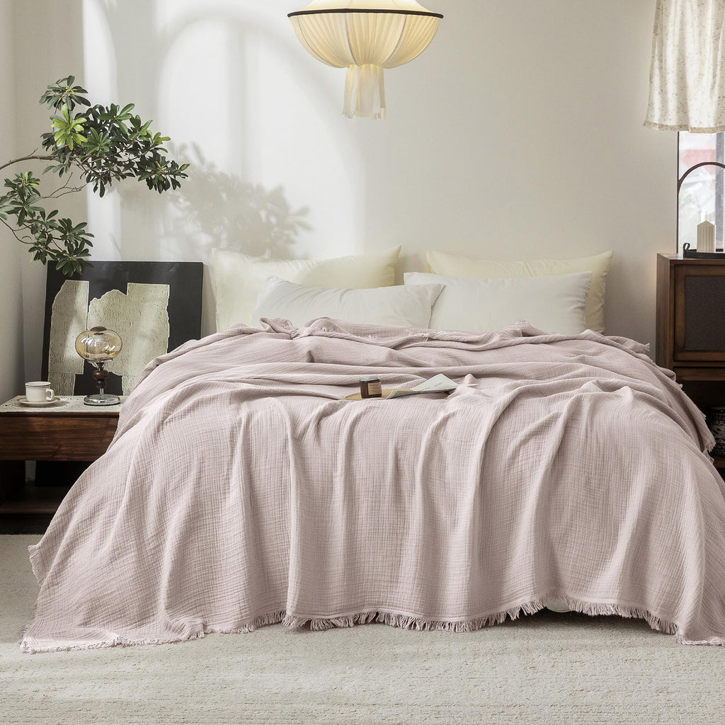 Beige Gray Fringe Cotton Muslin Blanket