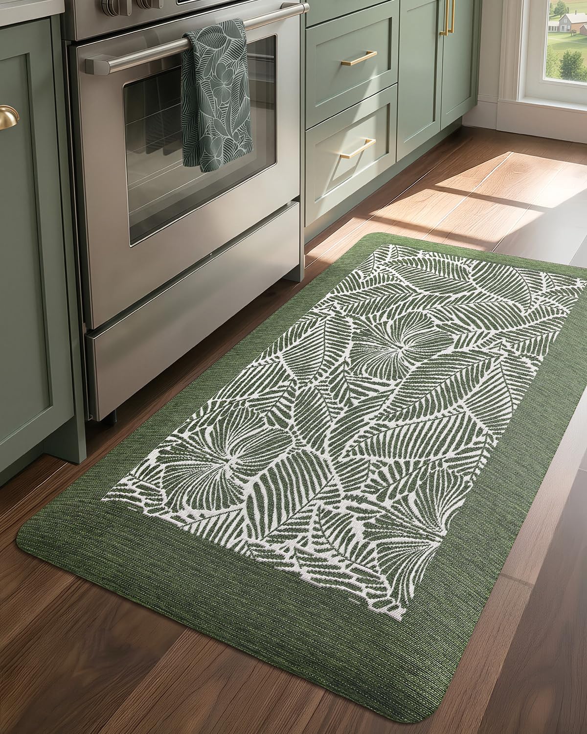 LUMI 0.9" Extra Thick Anti Fatigue Kitchen Floor Mat, High-Density Foam Standing Desk Mat, Tropical Fern Leaf Pattern, Waterproof Non-Slip Comfort Mat for Sink, Office, Laundry, 20"x32", Leaf Brown
