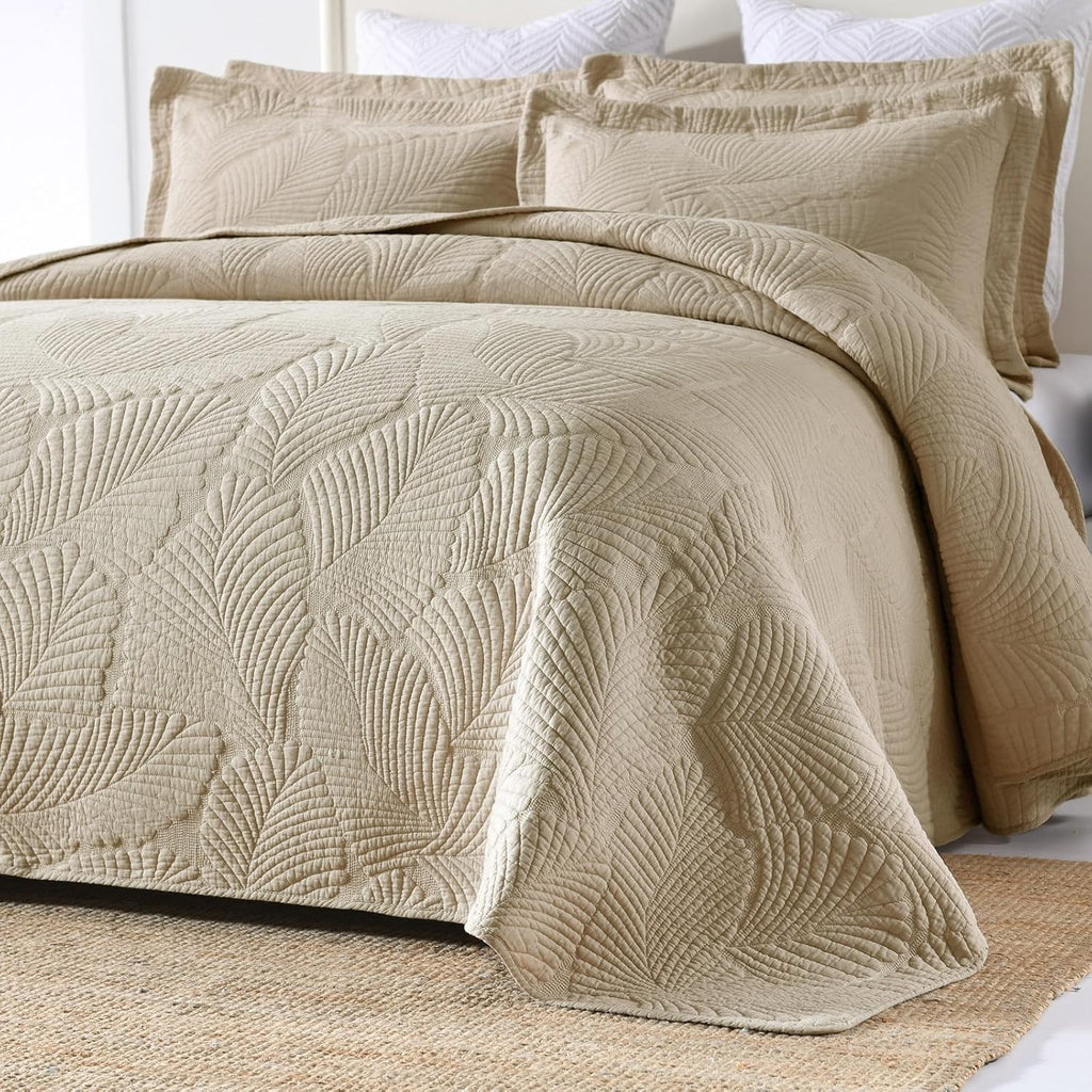 Khaki Tropical Palm Queen Cotton Quilt Set