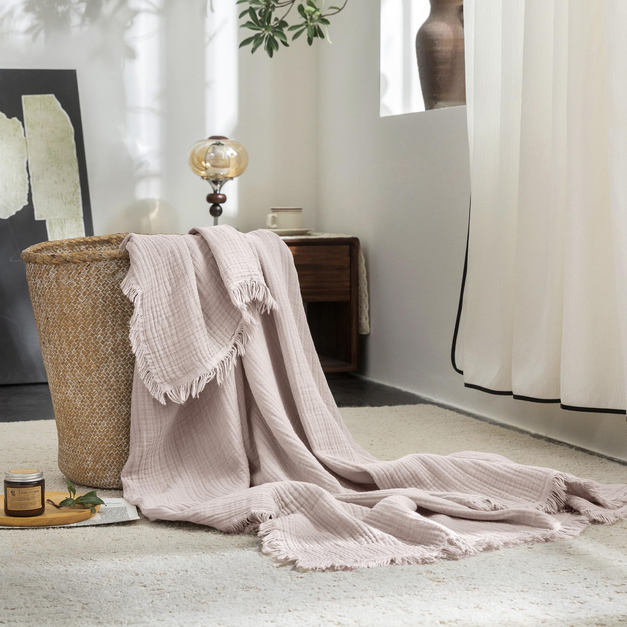 Beige Gray Fringe Cotton Muslin Blanket