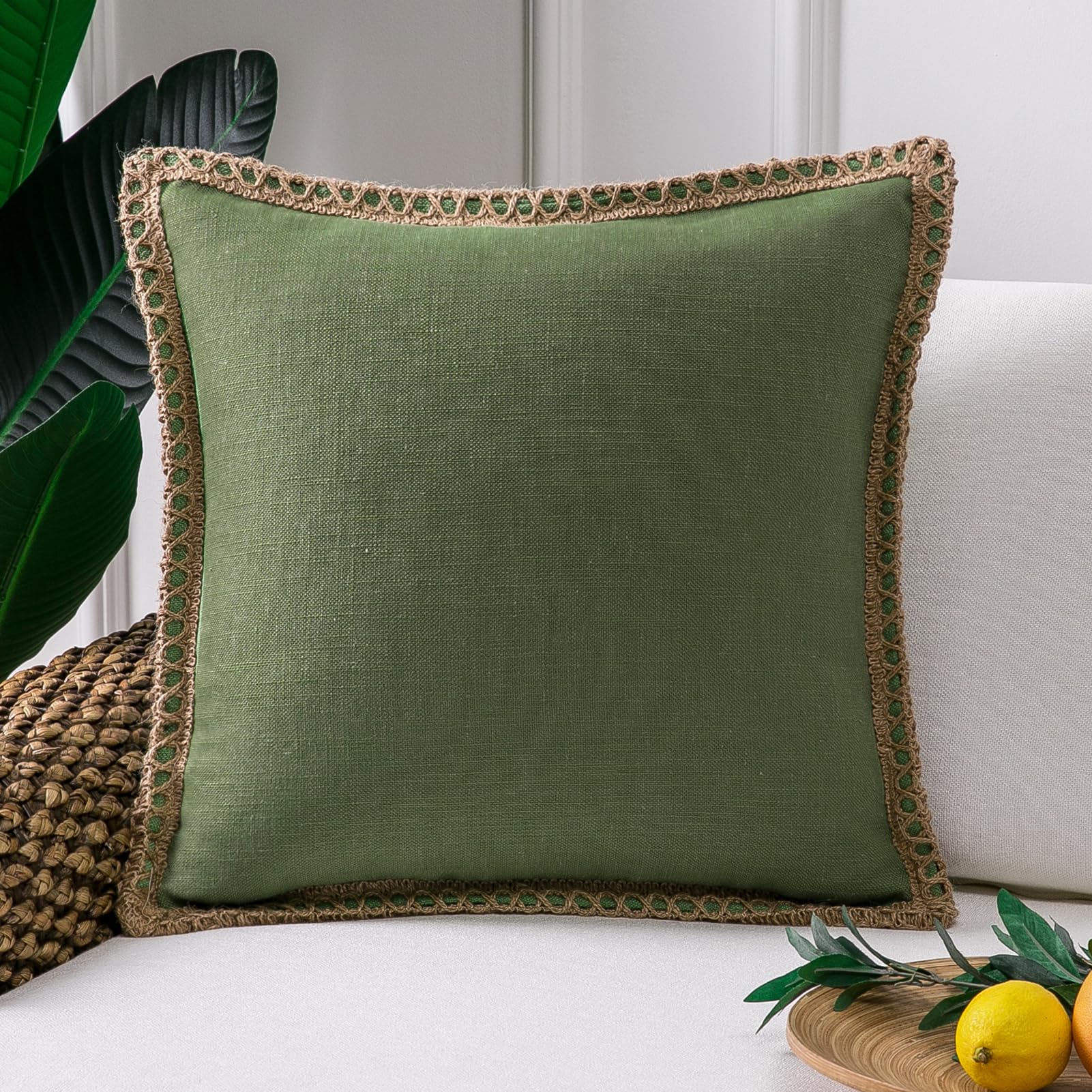 Phantoscope Pack of 2 Farmhouse Decorative Solid Pillow Cover Burlap Linen Trimmed Tailored Edges, Black, 24 x 24 inches, 60 x 60 cm