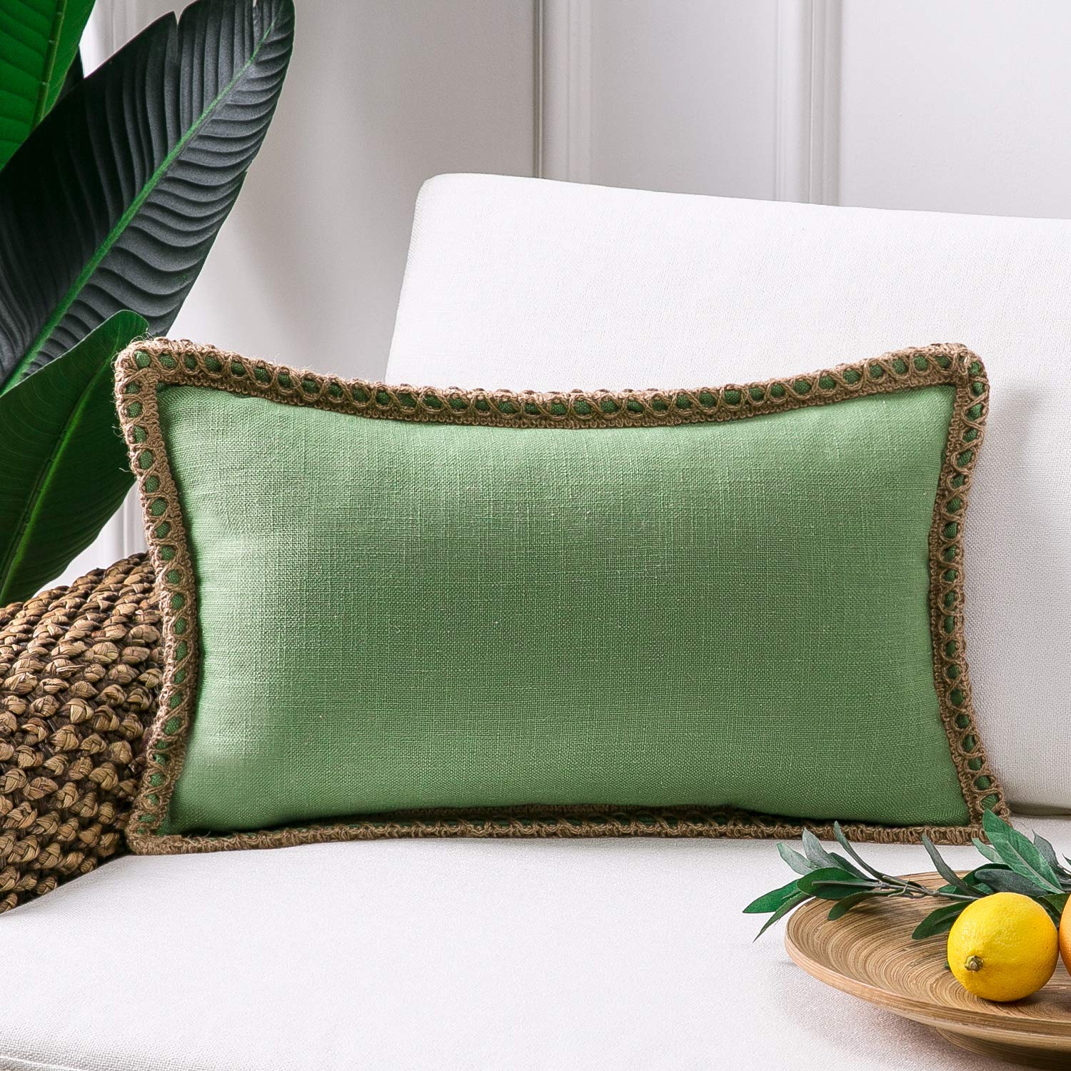 Phantoscope Pack of 2 Farmhouse Decorative Solid Pillow Cover Burlap Linen Trimmed Tailored Edges, Black, 24 x 24 inches, 60 x 60 cm