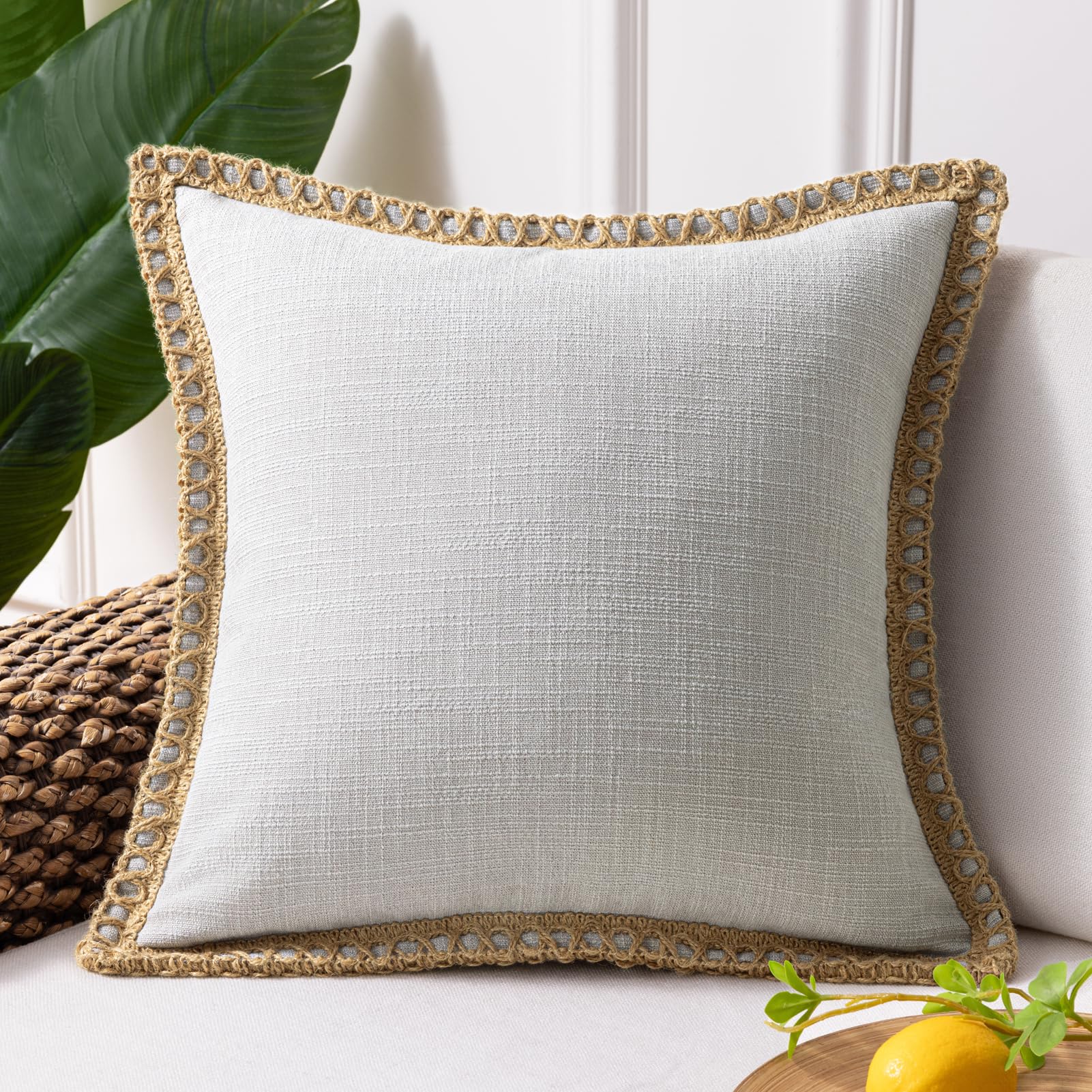Phantoscope Pack of 2 Farmhouse Decorative Solid Pillow Cover Burlap Linen Trimmed Tailored Edges, Black, 24 x 24 inches, 60 x 60 cm
